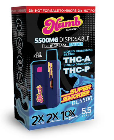 Experience unparalleled vaping with the Numb Super Smoker DC5500. This cutting-edge vape boasts a powerful 5500mg blend of Liquid Diamonds THC-A and THC-P, ensuring an unmatched cloud-chasing experience. 