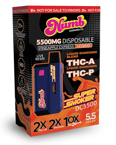 Numb Super Smoker DC5500 Experience unparalleled vaping with the Numb Super Smoker DC5500. This cutting-edge vape boasts a powerful 5500mg blend of Liquid Diamonds THC-A and THC-P, 